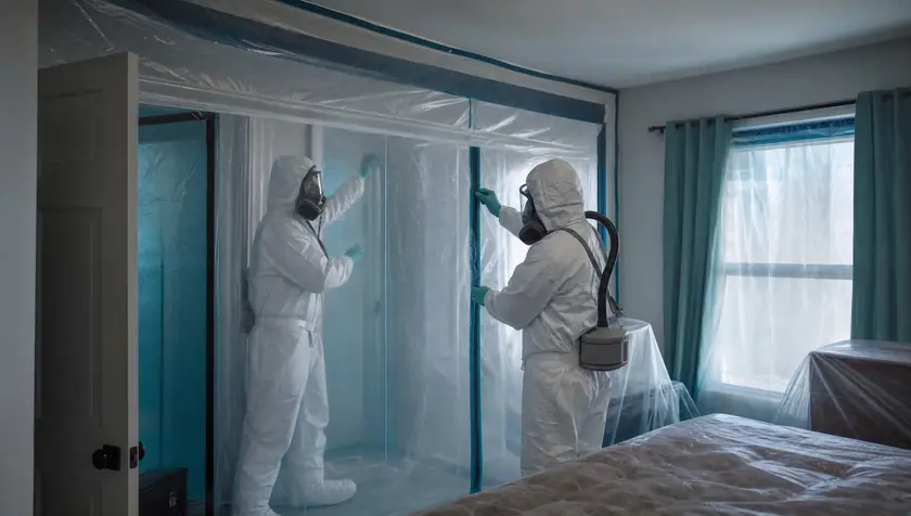 Containment sheeting set up in a domestic bedroom, clinical and respectful.