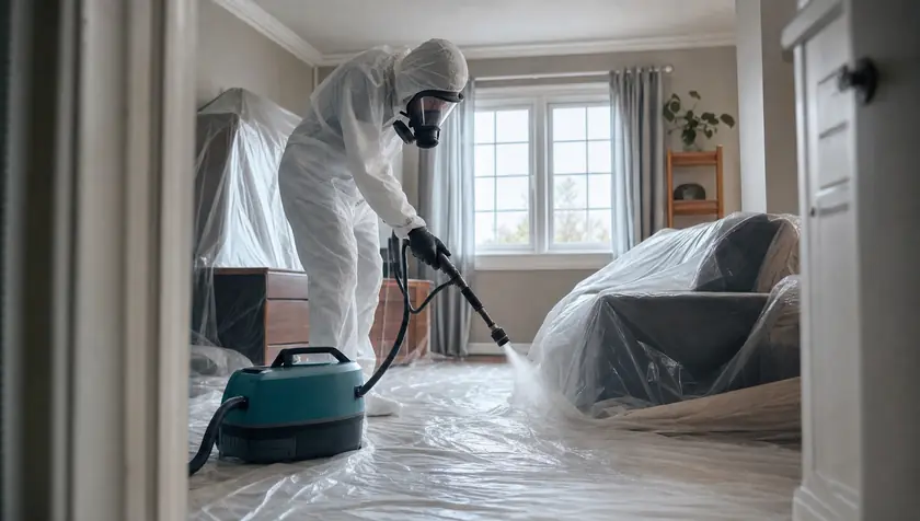 A technician decontaminating a domestic room with professional equipment and floor protection.