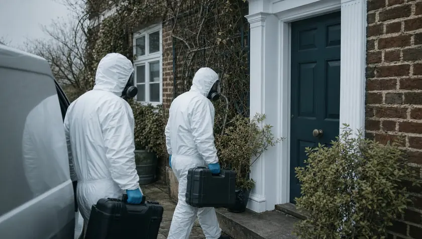 Technicians in plain white PPE arriving discreetly at the door of a residential property, respectful.