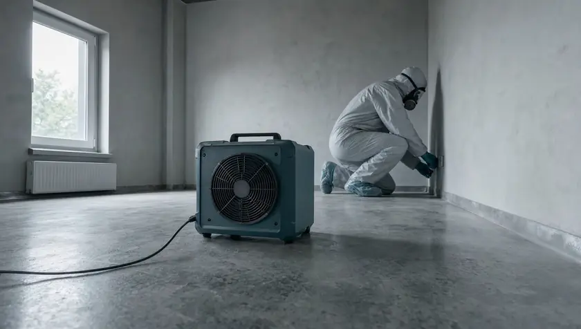 An ozone odour-treatment machine running in a stripped, decontaminated room.