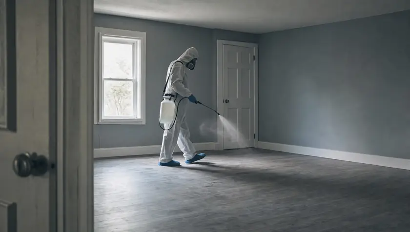 A clean, restored, empty room after after-death decontamination, soft daylight, calm.