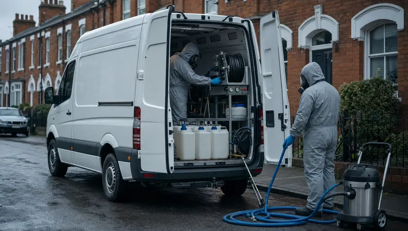 An unmarked white van with blank panels and organised specialist decontamination equipment.