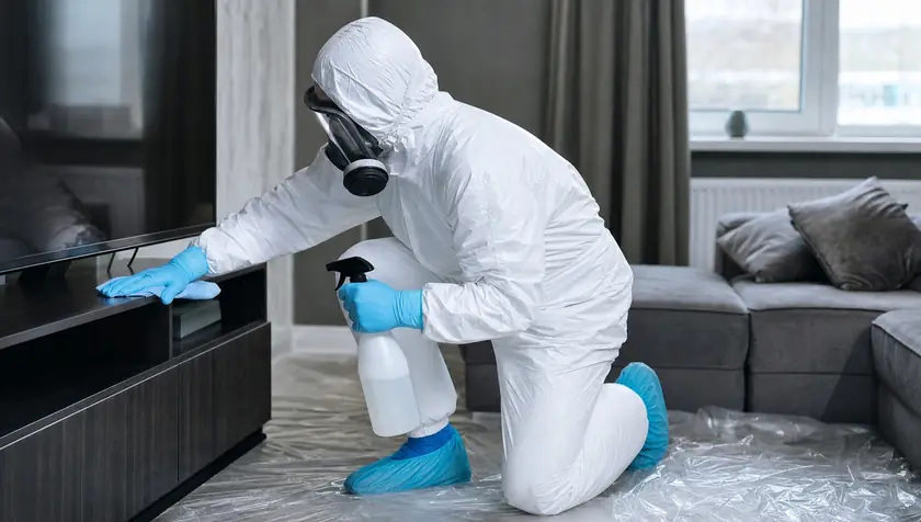 A technician decontaminating surfaces in a domestic room with professional disinfectant and floor sheeting.