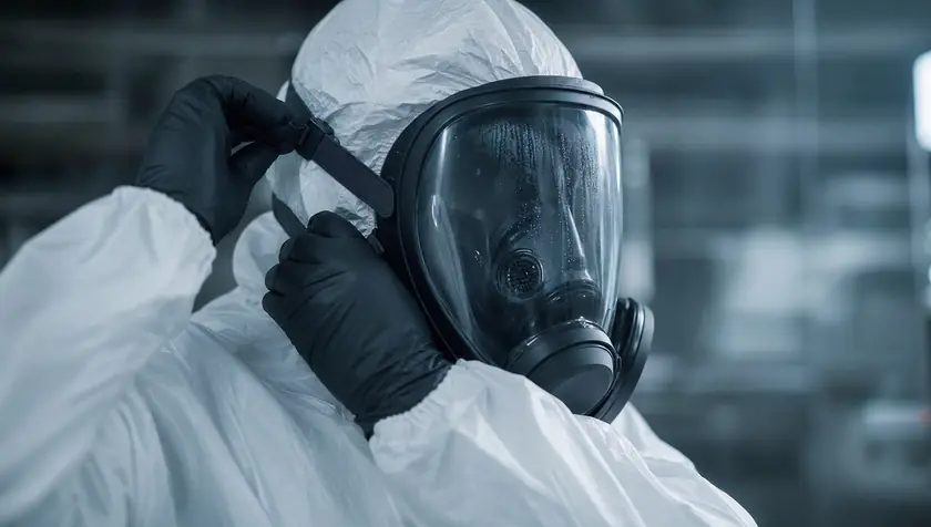 Close detail of a technician fitting a full-face respirator and gloves in white protective coveralls.