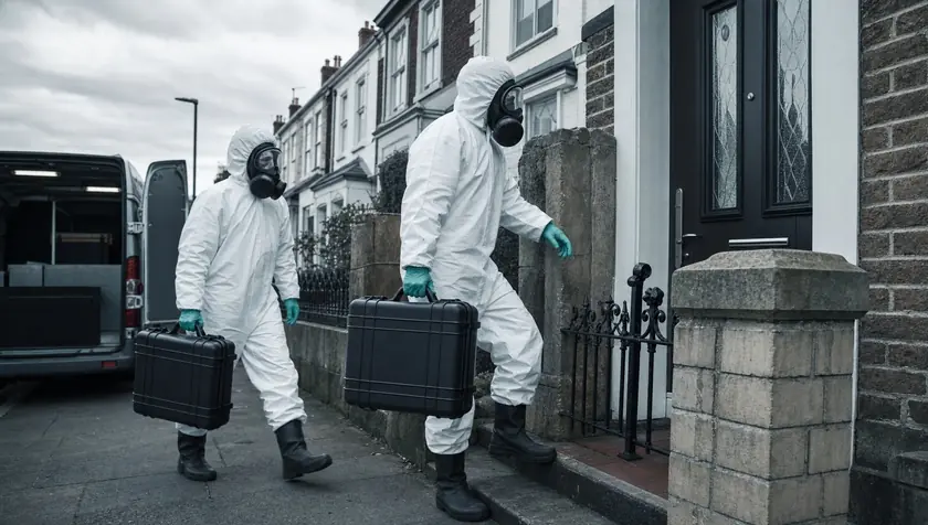Certified biohazard technicians in full white PPE and respirators carrying sealed equipment cases to a North East property.