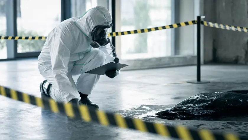 A biohazard technician assessing a cordoned contaminated interior floor marked with hazard tape.