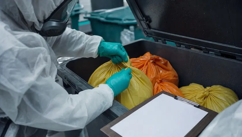 Gloved hands sealing yellow clinical waste bags into a rigid disposal container beside a clipboard.