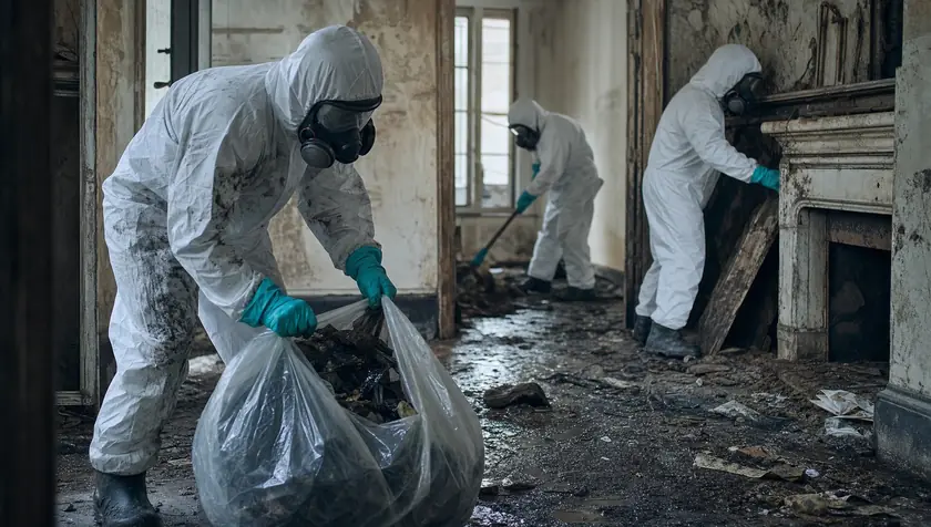 Technicians clearing and cleaning a heavily soiled neglected property interior.