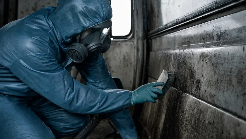 A technician deep-scrubbing a heavily soiled interior surface.