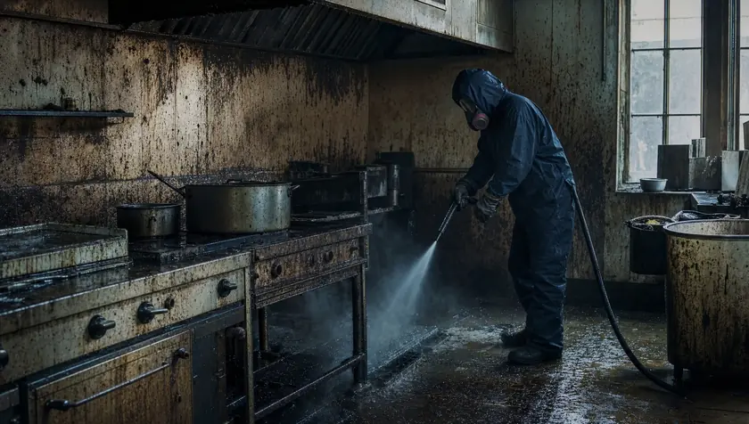 A grease-caked, heavily neglected kitchen interior with serious built-up grime.
