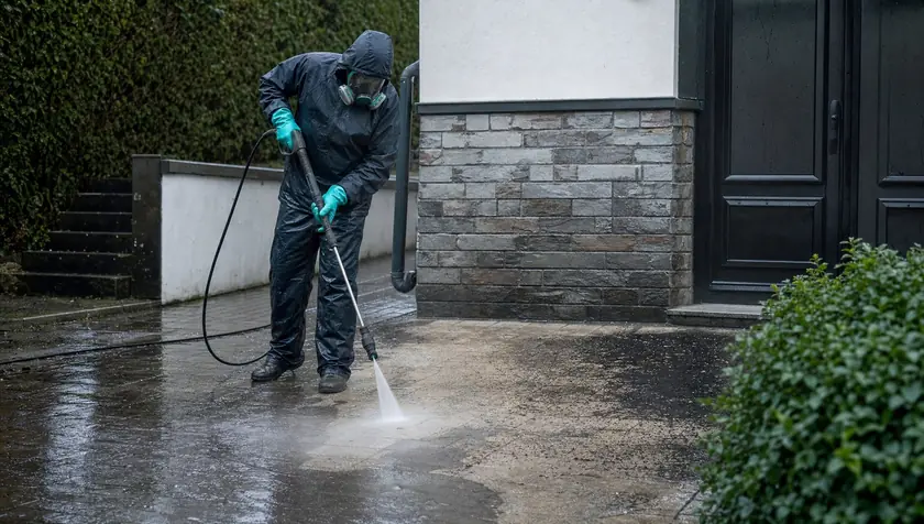 A technician pressure-cleaning a filthy, stained driveway and path exterior.