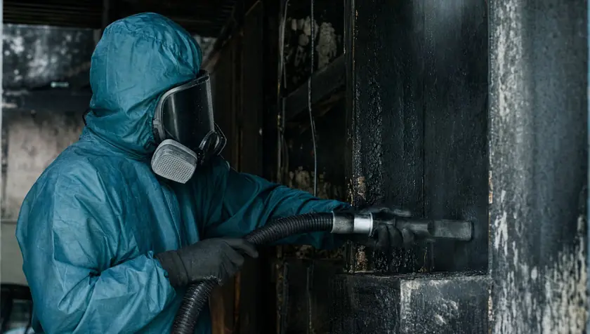 A technician cleaning heavy soot from surfaces with professional equipment.