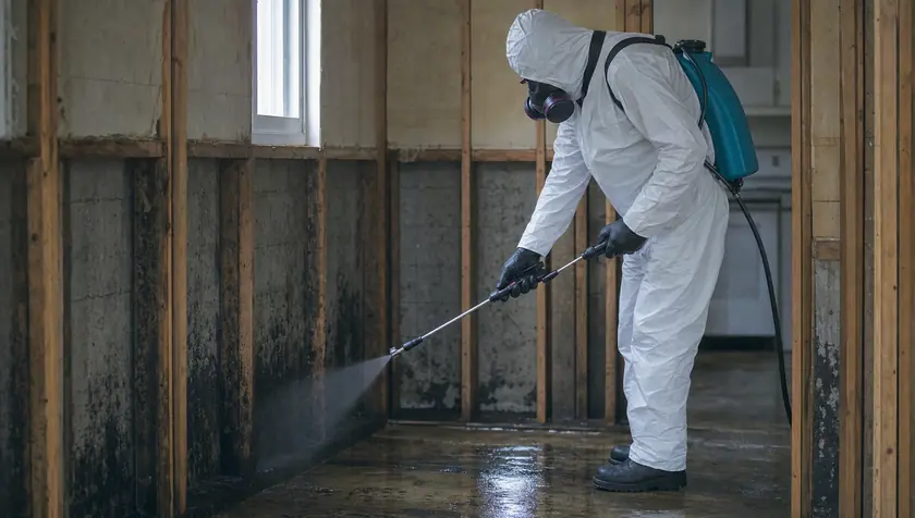 A technician disinfecting stripped flood-damaged walls and floor.