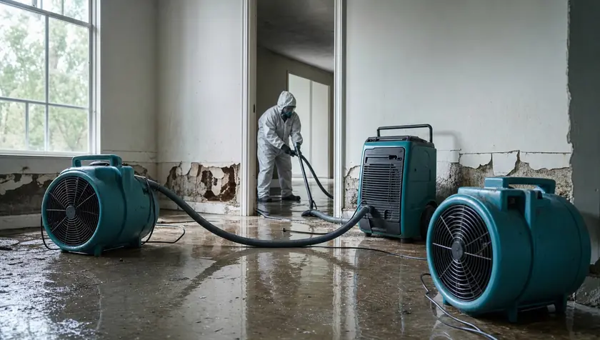 Industrial air movers and dehumidifiers drying a flood-damaged room.