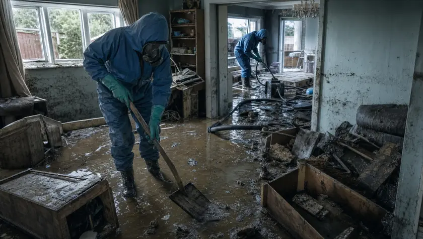 A flood-damaged ground-floor room with muddy standing water and damaged contents.