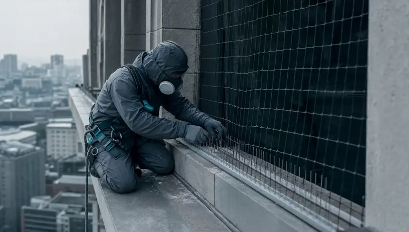 A technician installing anti-pigeon spikes and netting on a building ledge.