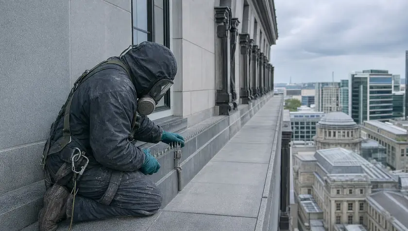A clean building facade and ledge after professional guano removal and proofing.