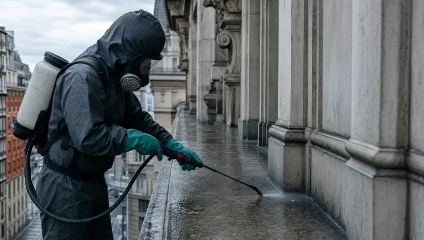 A technician disinfecting a cleaned building ledge after guano removal.