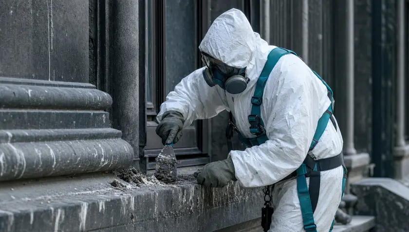 A technician in PPE scraping and cleaning guano from a building ledge, exterior.