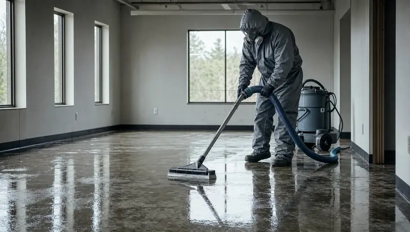 A technician deep-cleaning the floor of a now-cleared room.