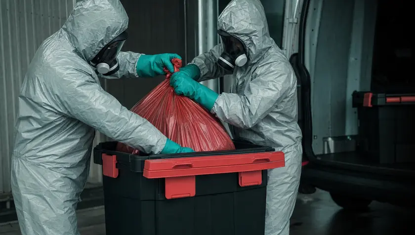 Gloved hands sealing biohazard waste into a rigid clinical waste disposal container.