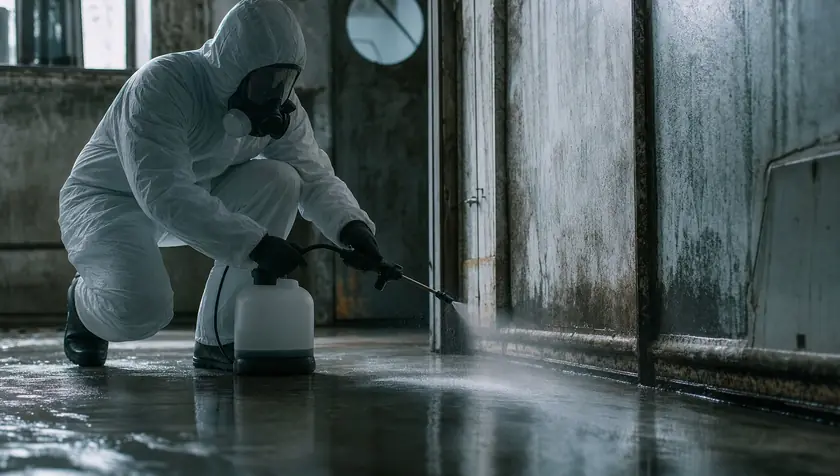 A technician spraying antimicrobial disinfectant onto a contaminated hard surface.