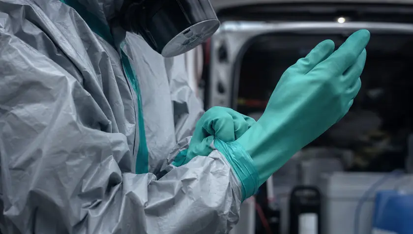 Close detail of a technician's gloved hands and protective coveralls preparing for a biohazard job.