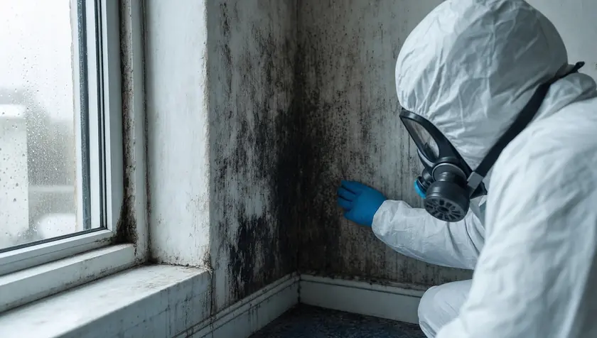Close detail of significant black mould growth spreading across a wall corner near a window.
