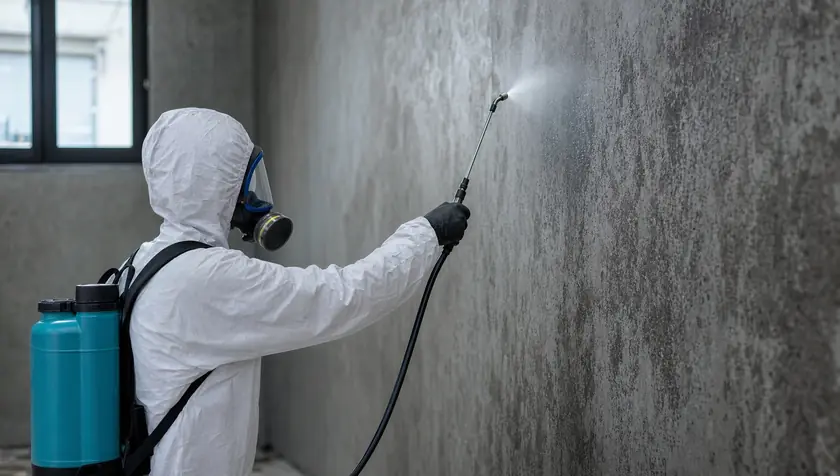 A technician applying antimicrobial treatment to a cleaned wall to prevent regrowth.