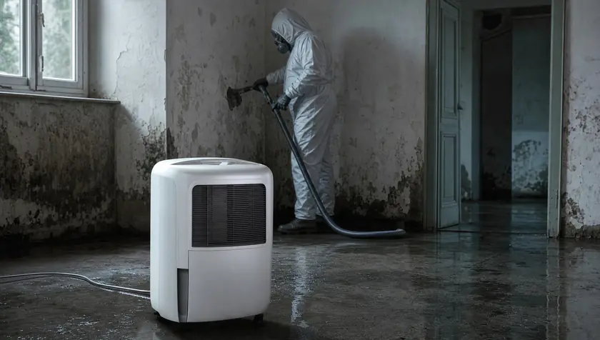 A dehumidifier running in a damp room to control high humidity.