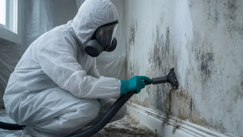 A technician in PPE removing mould from a wall with professional equipment.