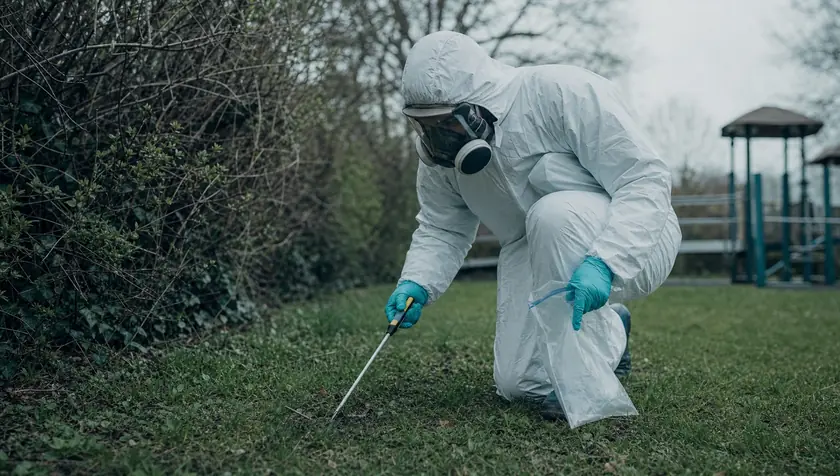 A technician in gloves and PPE searching grass and shrubs in a public park for discarded sharps.