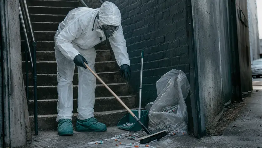 A technician sweeping a communal stairwell and alley for discarded needles.
