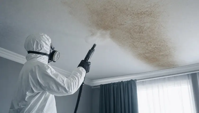 A technician cleaning a nicotine-stained ceiling with professional equipment.
