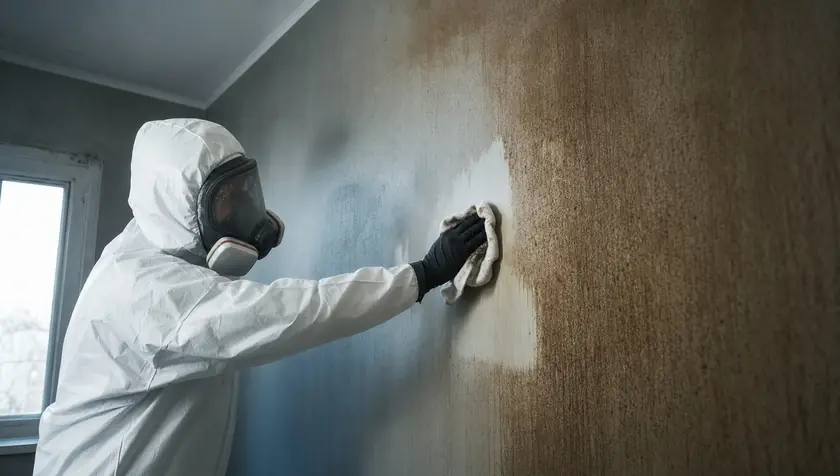 A technician wiping nicotine residue from a wall, revealing the clean surface beneath.
