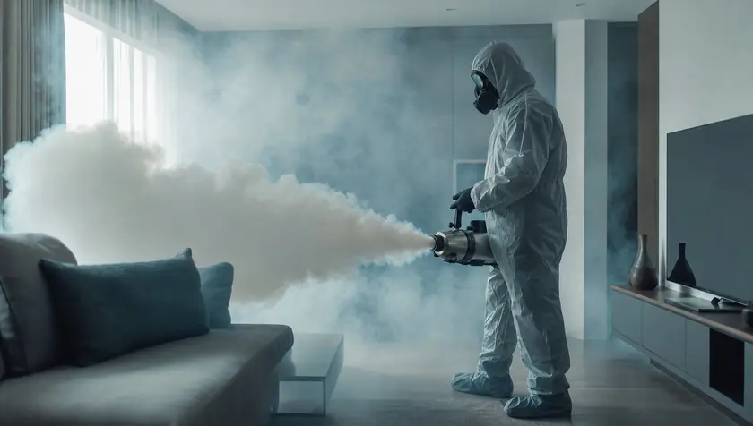 Thermal fogging odour treatment filling a room with a fine mist.