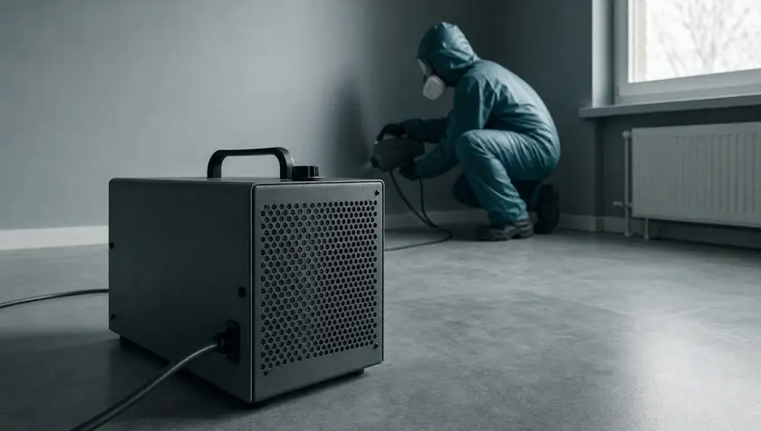 Close detail of an ozone generator running in an empty room for odour treatment.