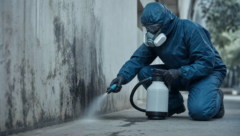 A technician treating an odour source on a surface with professional product.