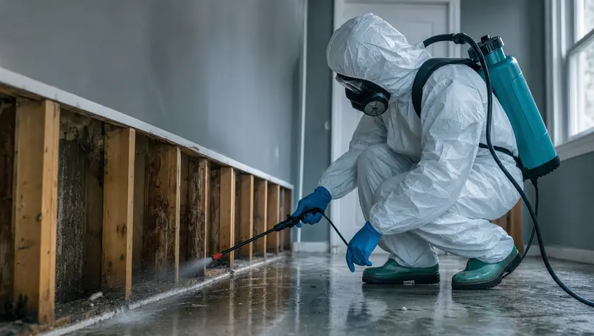 A technician disinfecting a stripped floor and skirting after sewage removal.