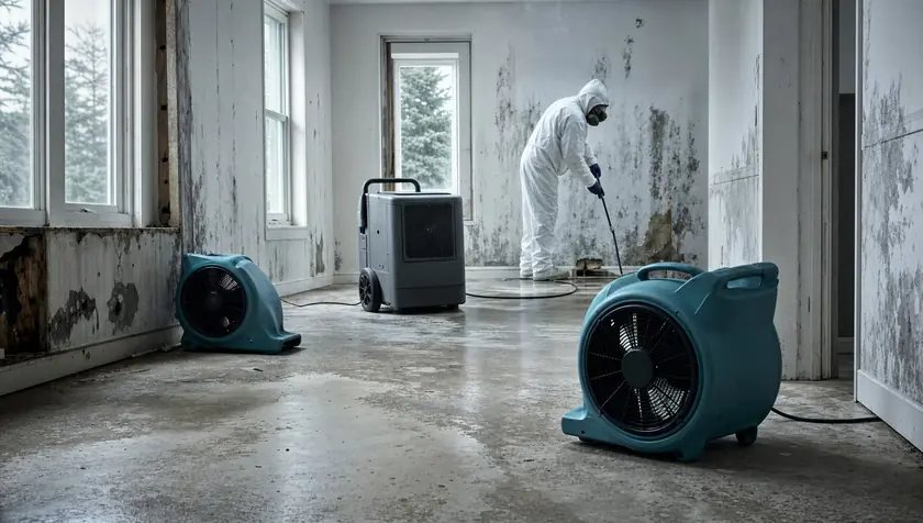 Industrial air movers and a dehumidifier running to dry a treated ground-floor room.