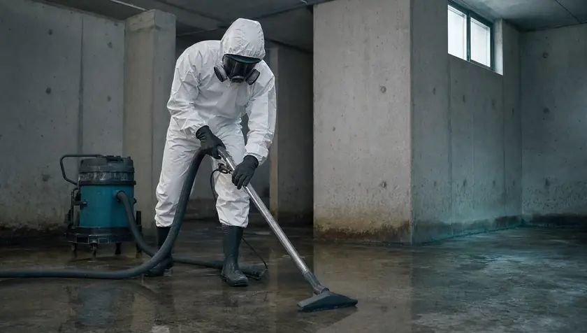 A technician using water-extraction equipment to remove contaminated water from a floor.