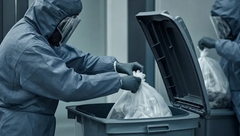 Gloved hands sealing biohazard waste bags into a rigid clinical waste container.