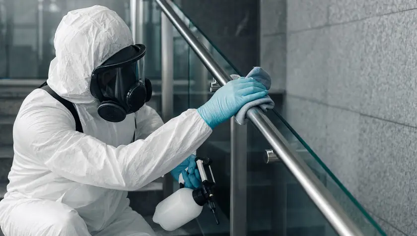 A technician methodically decontaminating a hard interior surface, mid-process.