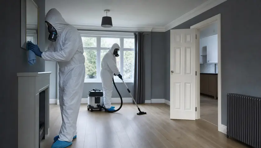 A clean, restored, empty domestic room after professional trauma decontamination, calm neutral daylight.